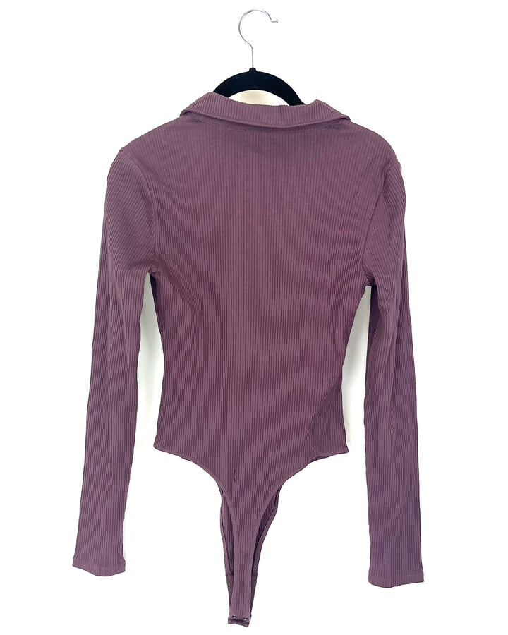 Ribbed Purple Long Sleeve Body Suit - Small