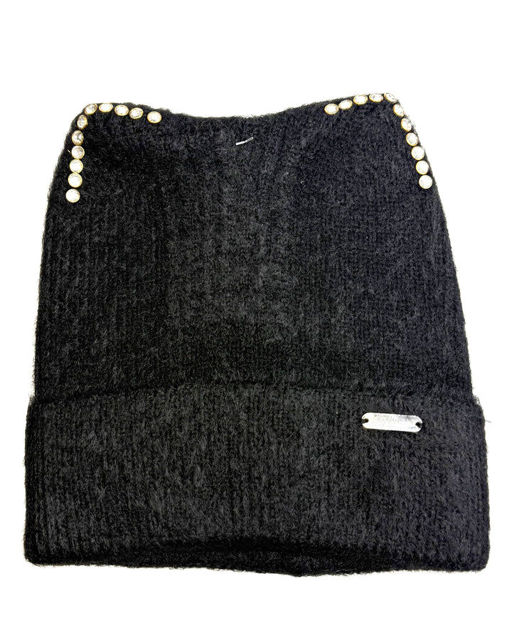 Black Rhinestone Cat Ear Beanie - One Size