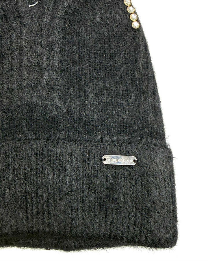Black Rhinestone Cat Ear Beanie - One Size