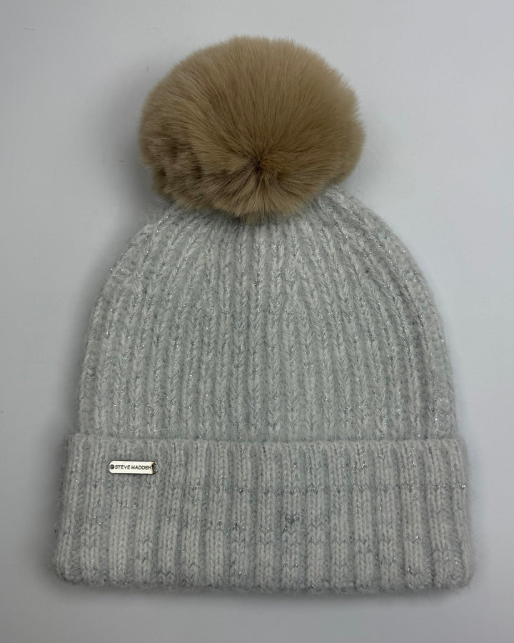 Silver Shimmer Brown Pom-Pom Winter Hat - One Size