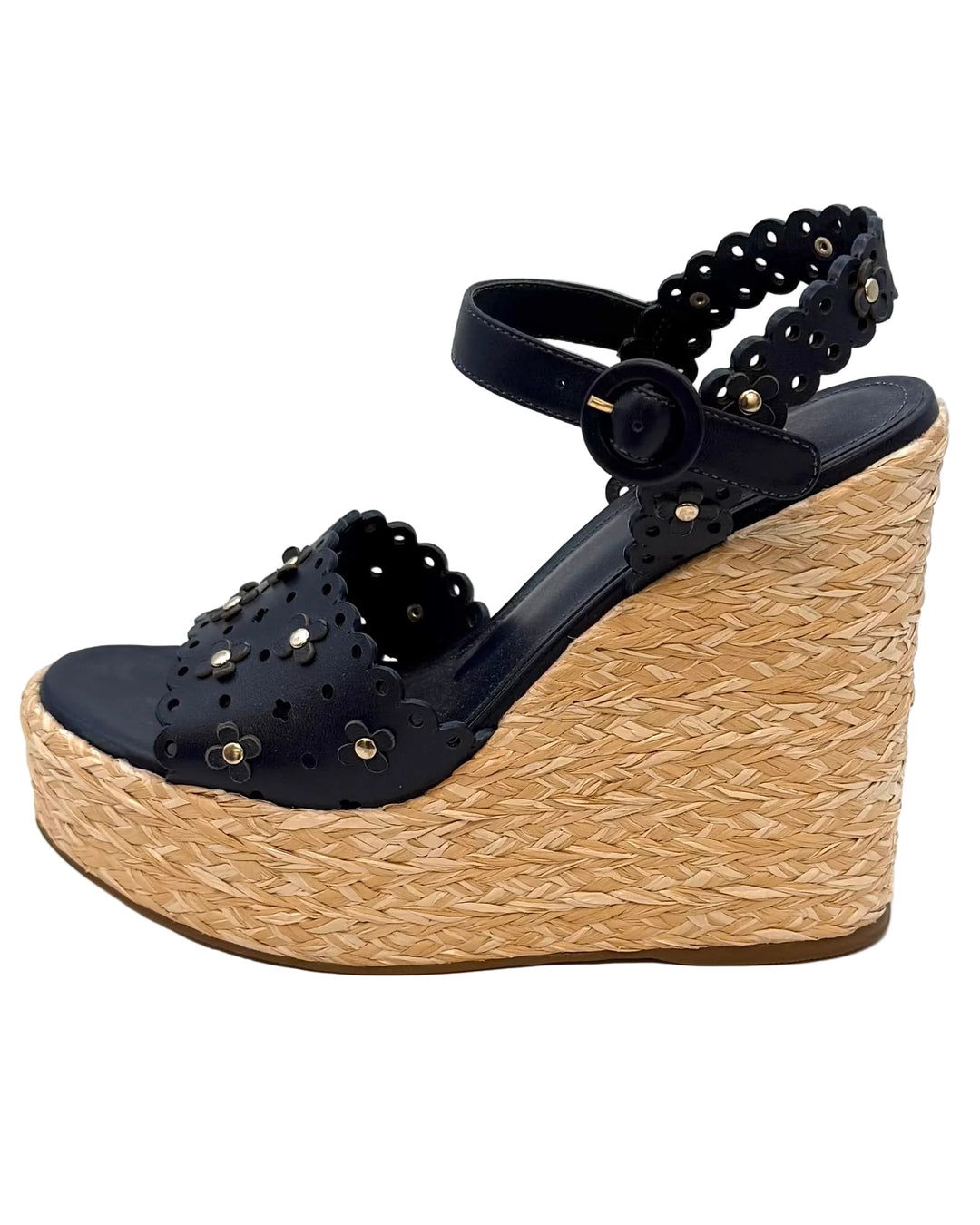 Dark Navy Floral Eyelet Platform Wedge Sandals - Size 6.5