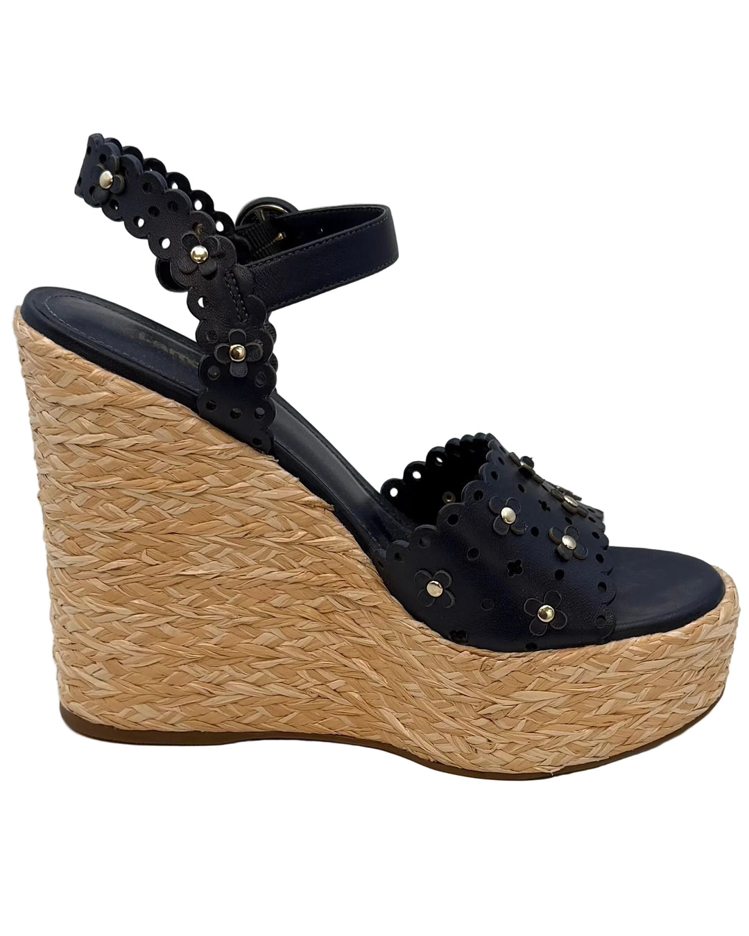 Dark Navy Floral Eyelet Platform Wedge Sandals - Size 6.5