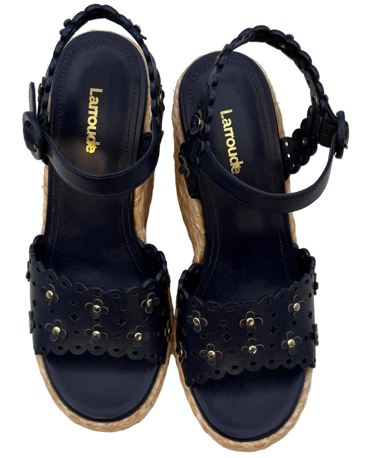 Dark Navy Floral Eyelet Platform Wedge Sandals - Size 6.5