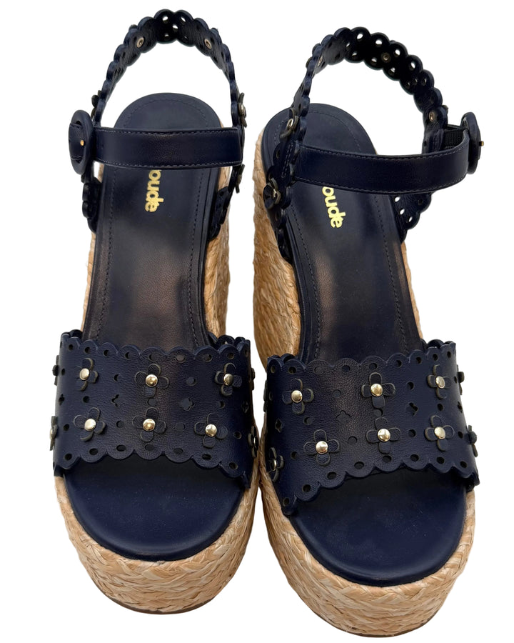 Dark Navy Floral Eyelet Platform Wedge Sandals - Size 6.5