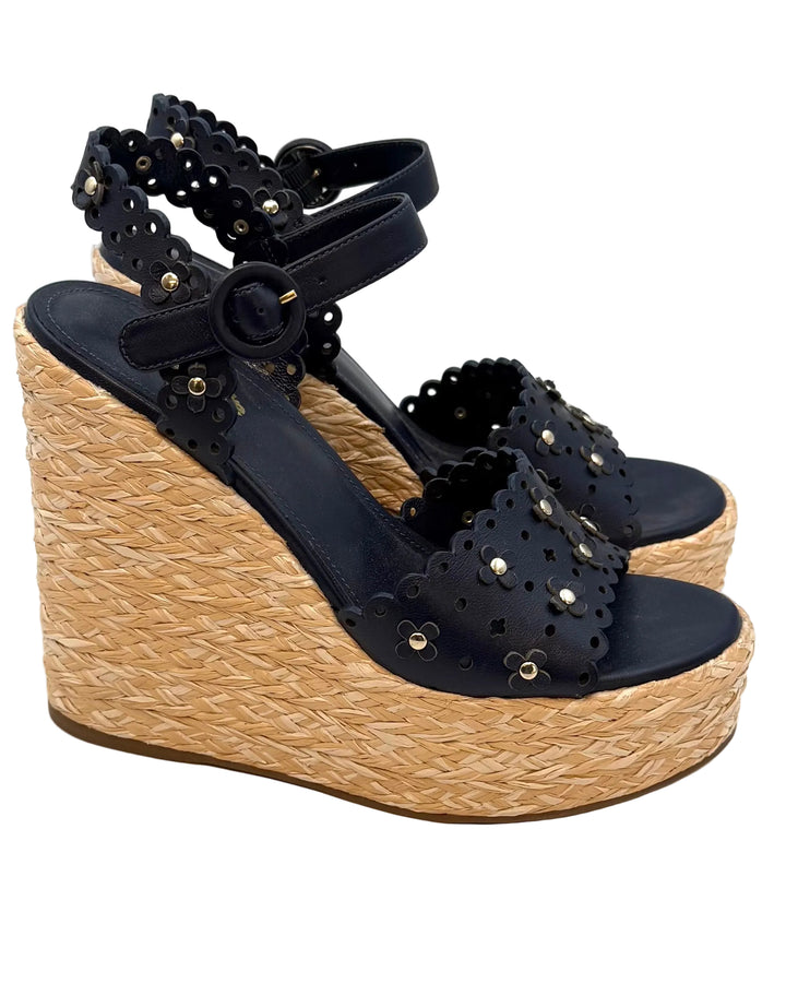 Dark Navy Floral Eyelet Platform Wedge Sandals - Size 6.5