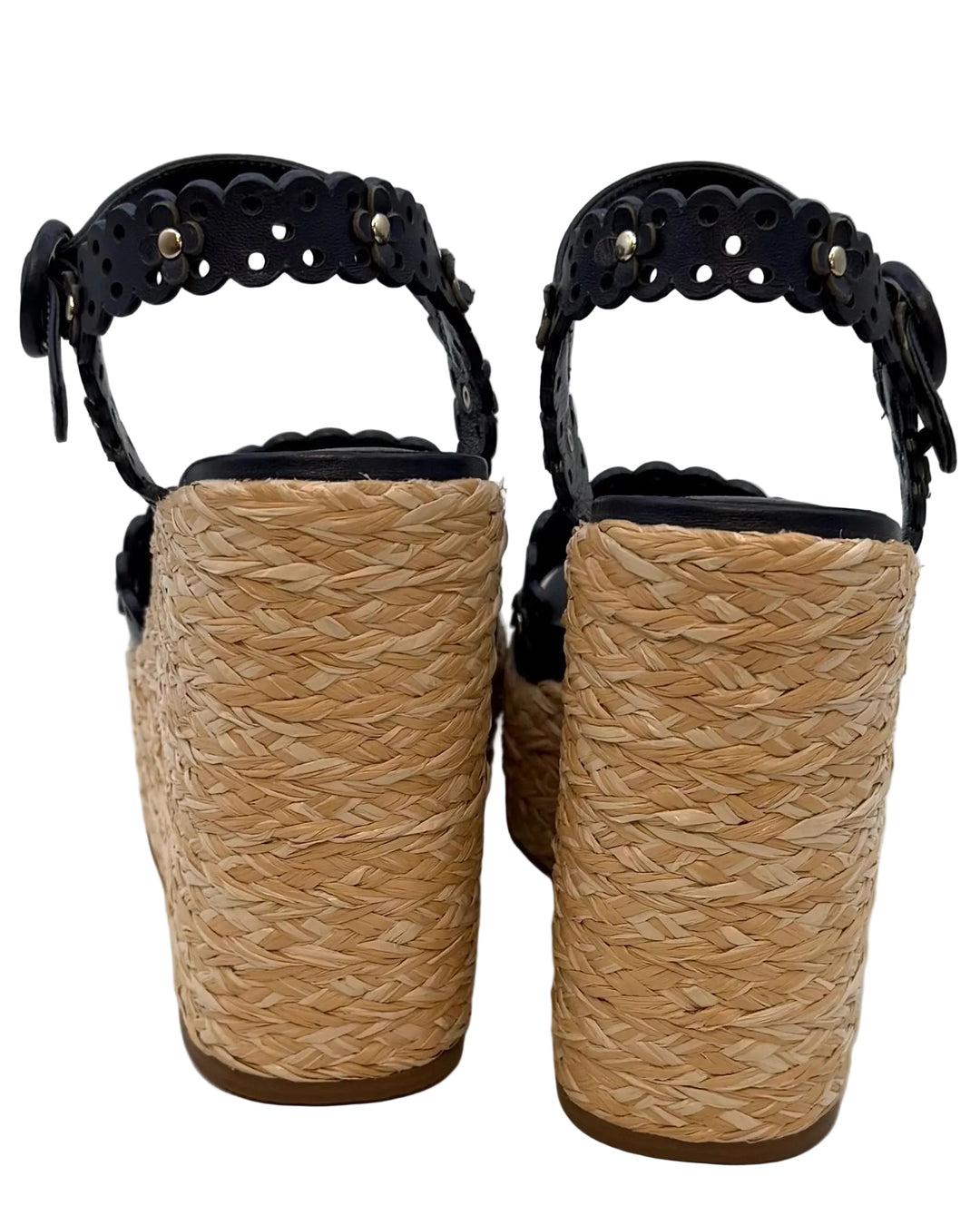 Dark Navy Floral Eyelet Platform Wedge Sandals - Size 6.5