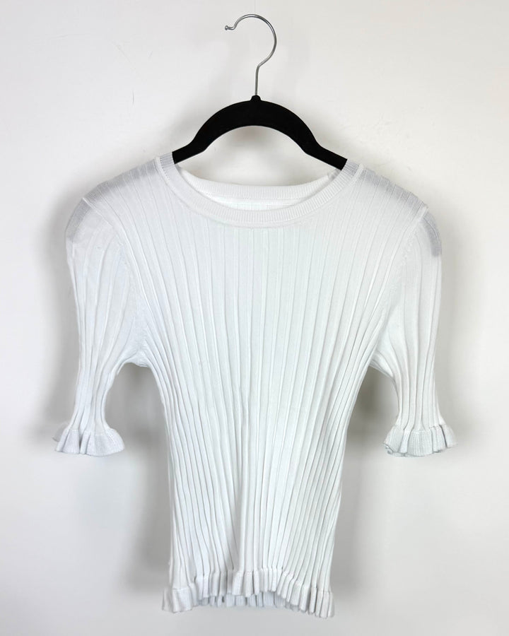 White Ribbed Knit Short Sleeve Top - Size 0/2