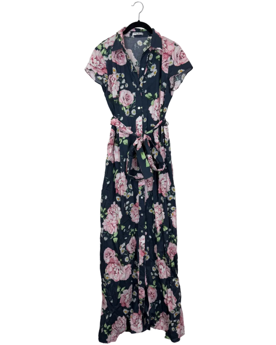 Navy Blue & Pink Floral Long Dress - Size 2/4