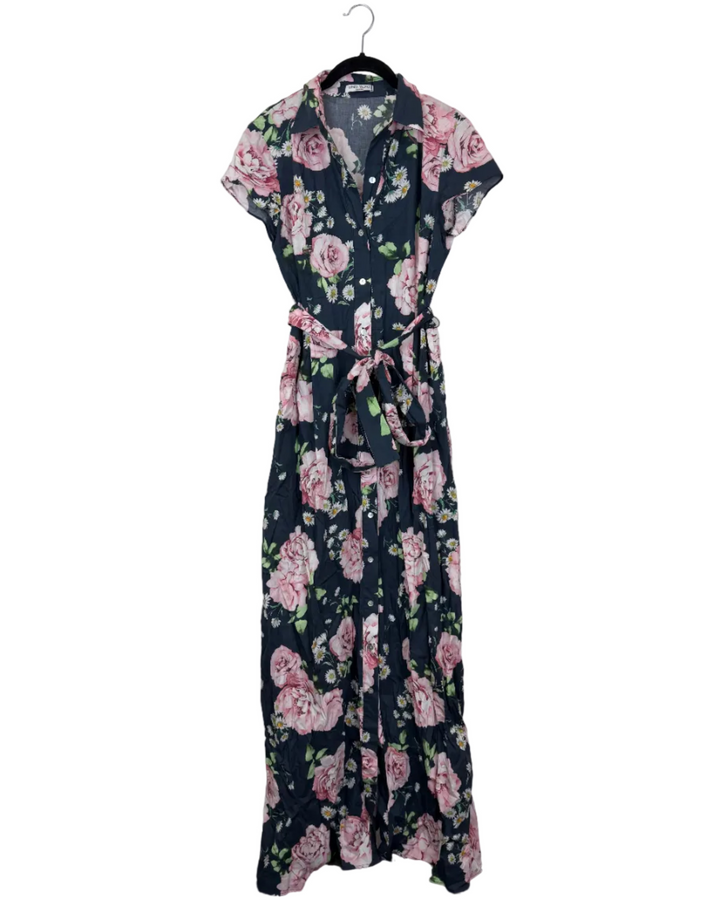 Navy Blue & Pink Floral Long Dress - Size 2/4