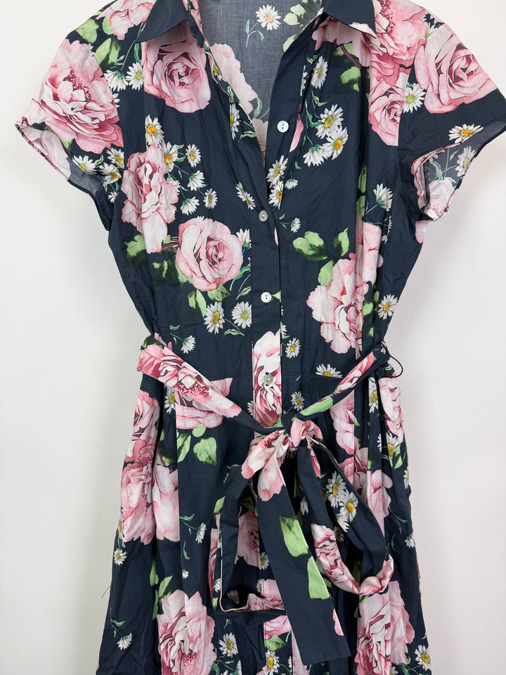 Navy Blue & Pink Floral Long Dress - Size 2/4