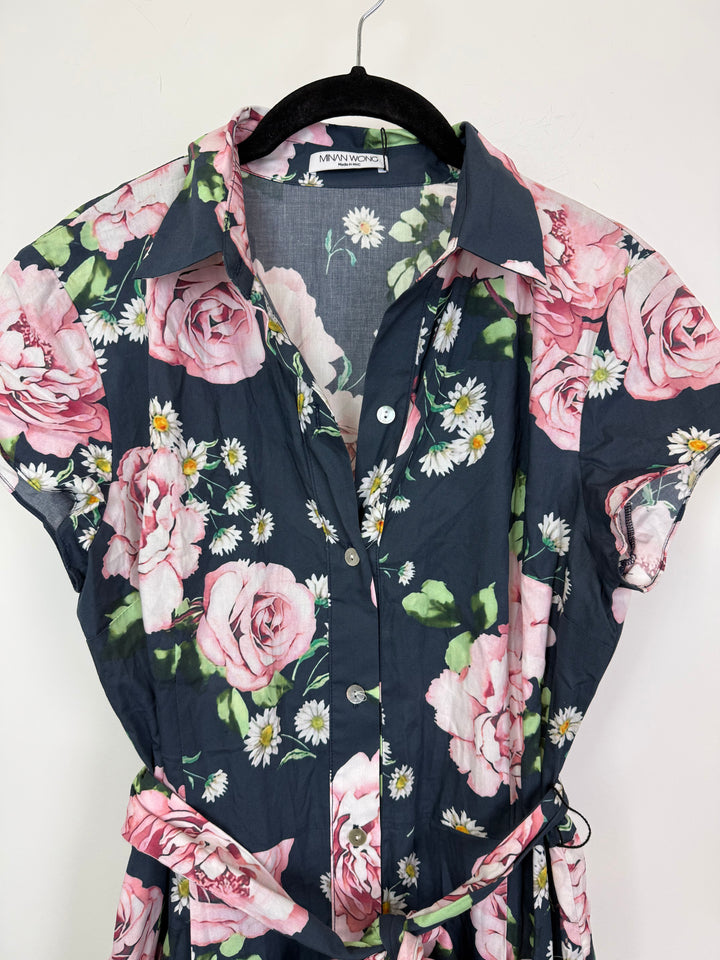 Navy Blue & Pink Floral Long Dress - Size 2/4