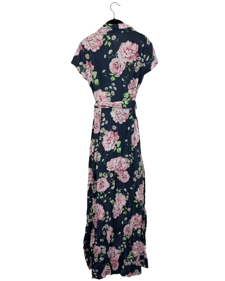 Navy Blue & Pink Floral Long Dress - Size 2/4