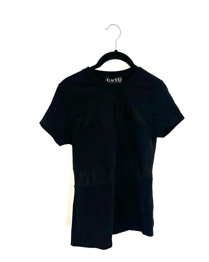 Black Mesh Detail Short Sleeve Top - Size 0/2