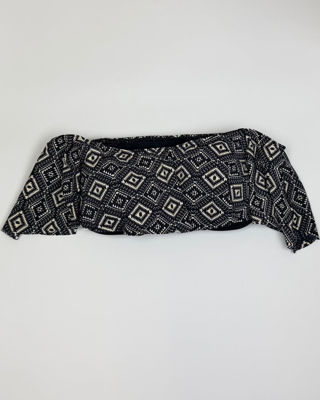 Black and Cream Printed Ruffle Bandeau Bikini Top - Small