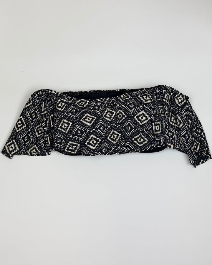 Black and Cream Printed Ruffle Bandeau Bikini Top - Small