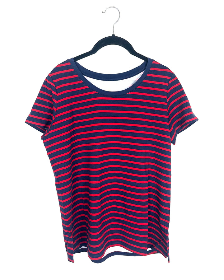 Striped Navy Blue & Red Short Sleeve Top - Size 6/8