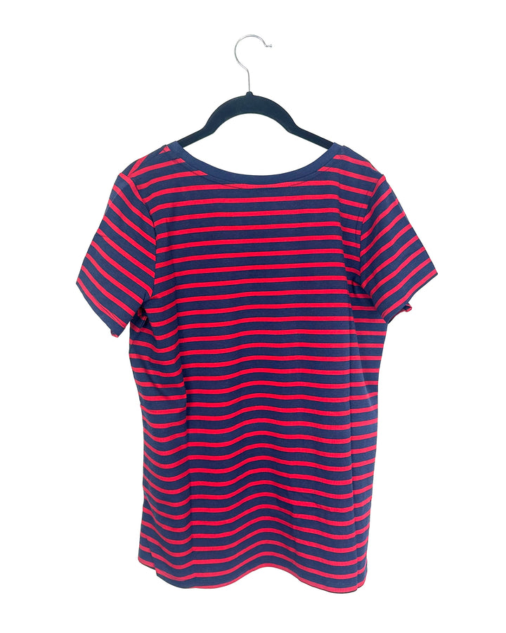 Striped Navy Blue & Red Short Sleeve Top - Size 6/8