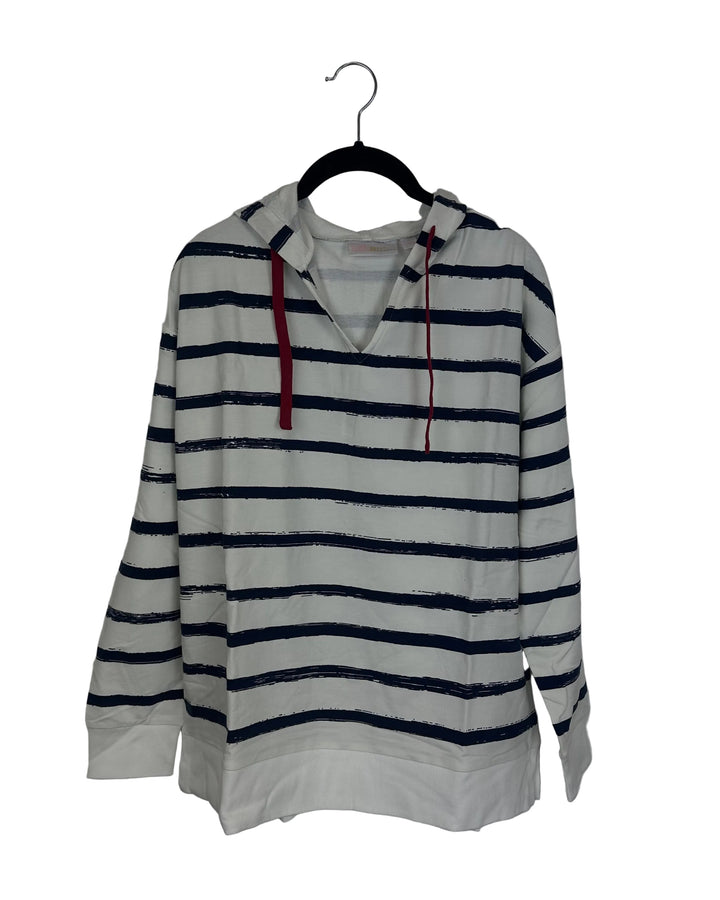 Dark Blue & White Long Sleeve Top With Hood - Size 6/8