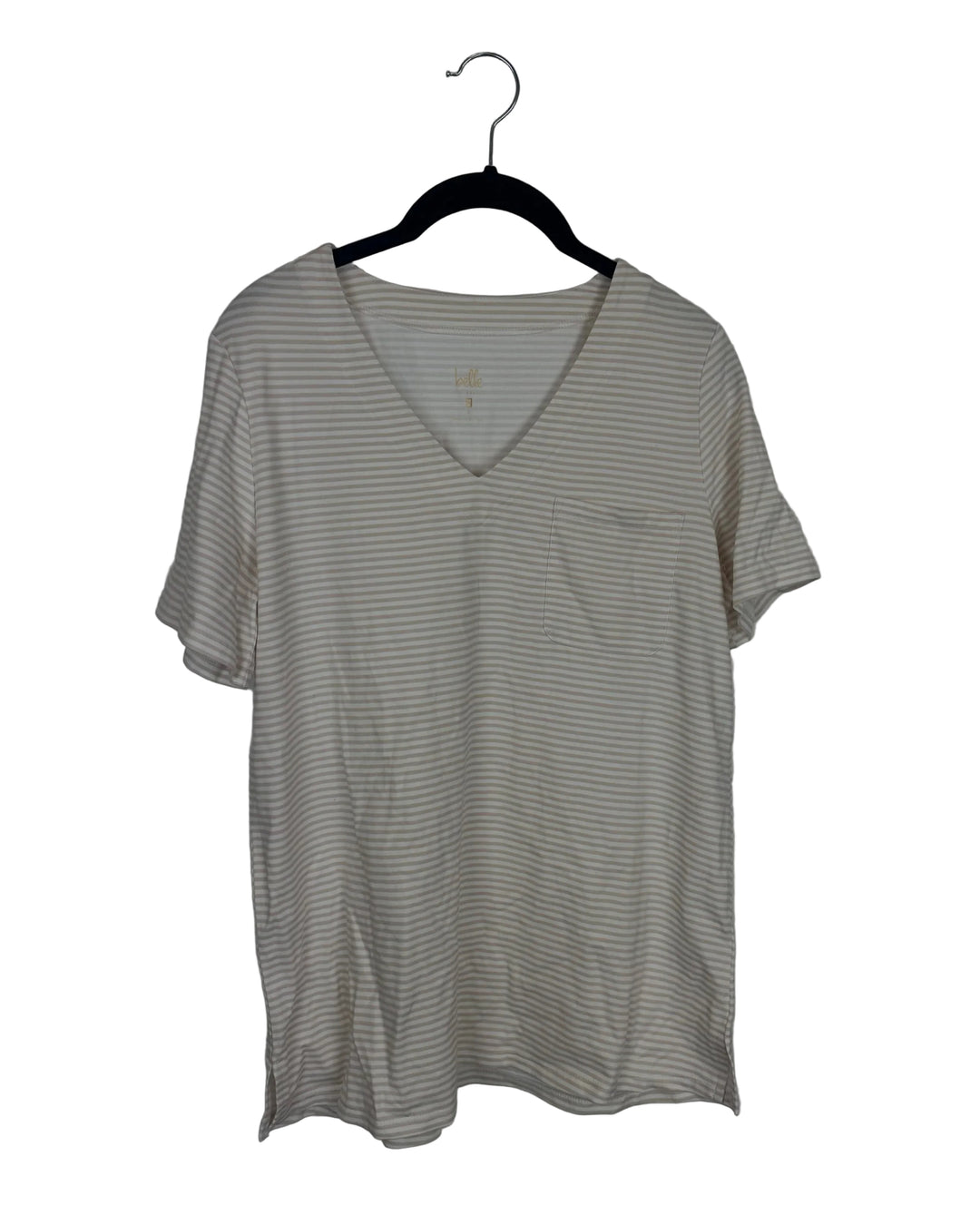 Sand and White Striped Short Sleeve Shirt - Size 6/8
