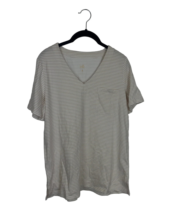 Sand and White Striped Short Sleeve Shirt - Size 6/8