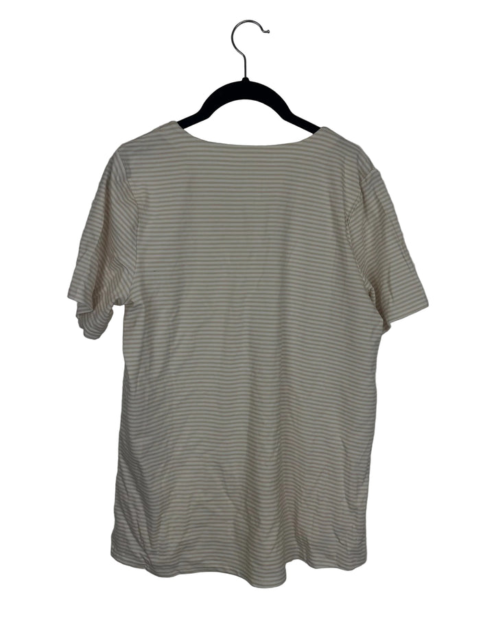 Sand and White Striped Short Sleeve Shirt - Size 6/8