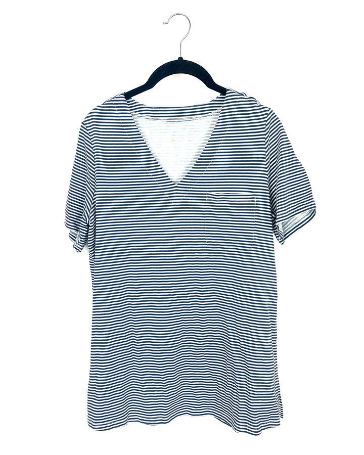Navy and White Striped Short Sleeve Shirt - Size 6/8