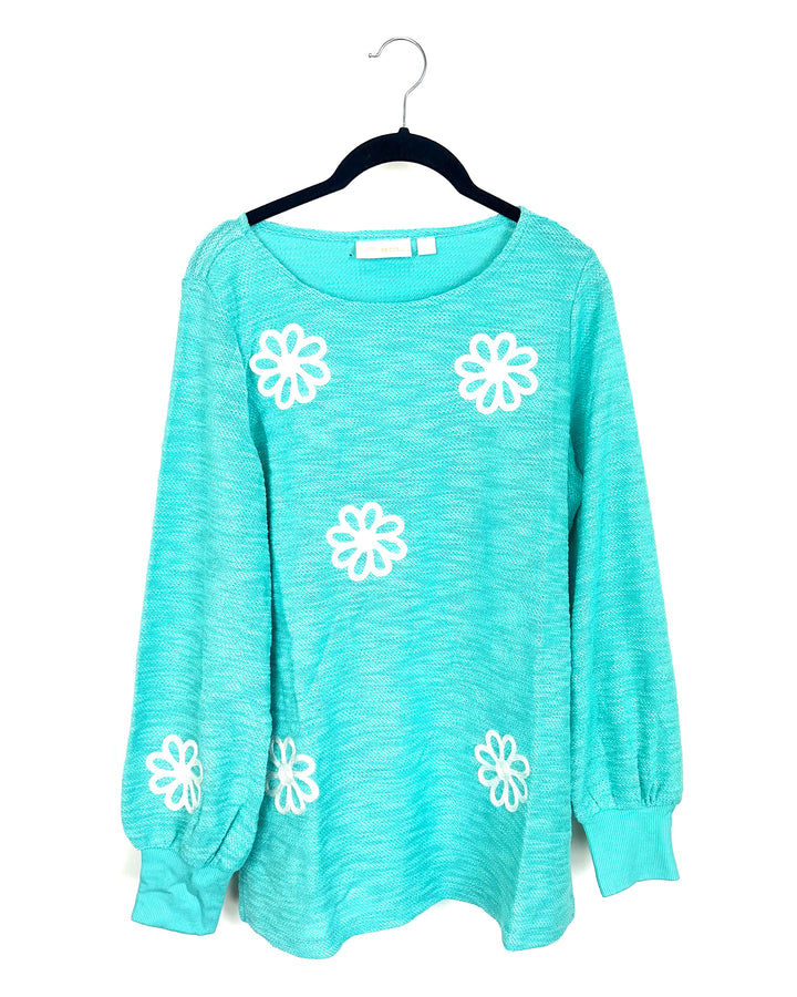 Textured Teal & Floral Long Sleeve Top - Size 6/8