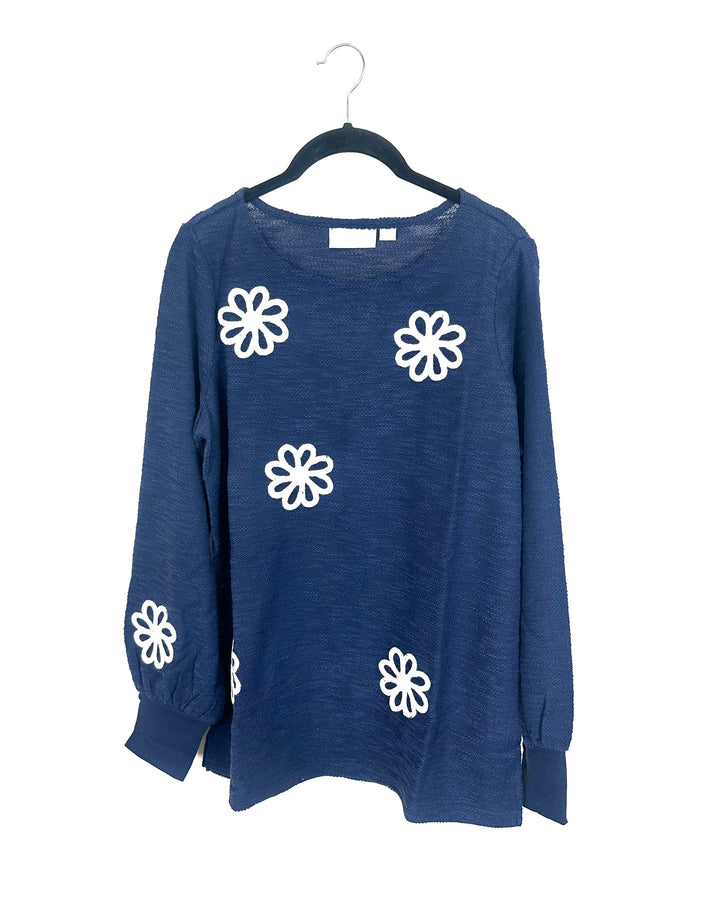 Textured Navy Blue & Floral Long Sleeve Top - Size 6/8