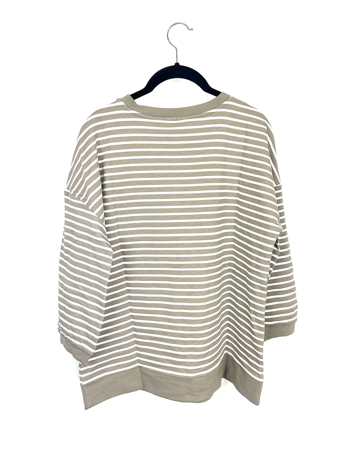 Taupe and White Striped Balloon Cropped Sleeve Top - Size 6/8