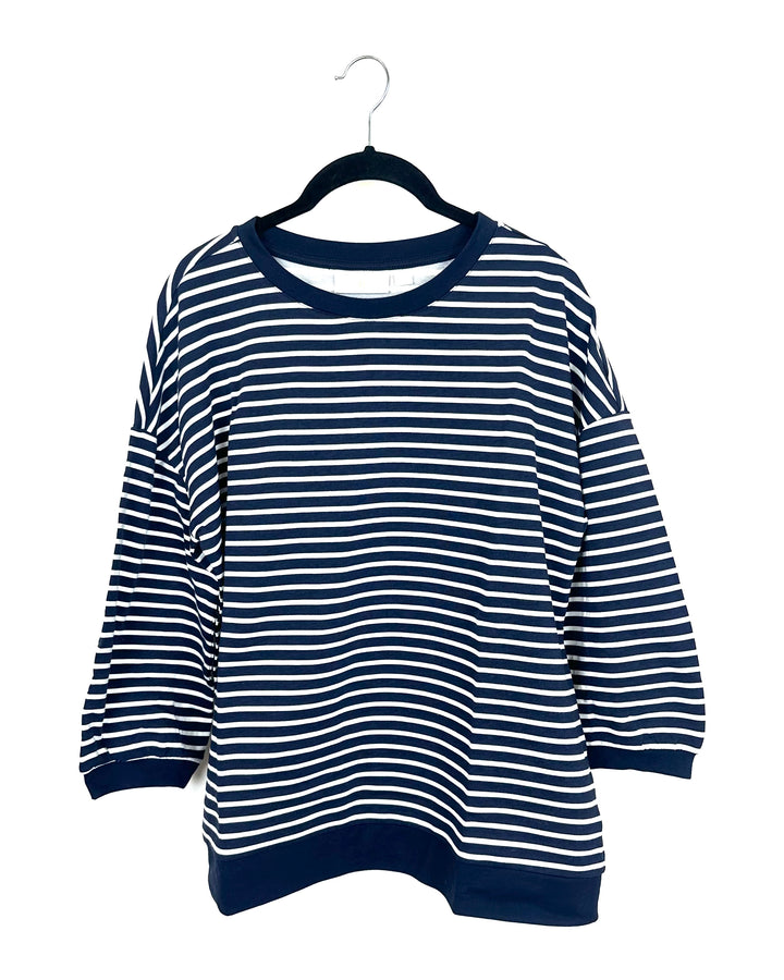 Dark Navy and White Striped Balloon Cropped Sleeve Top - Size 6/8