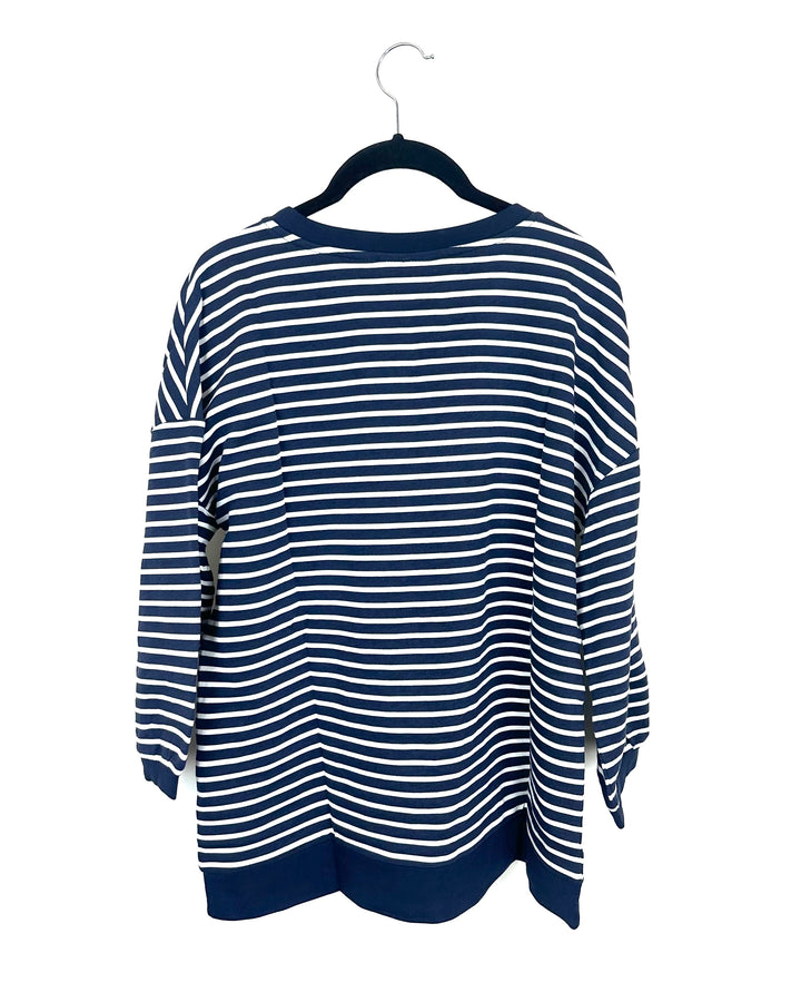 Dark Navy and White Striped Balloon Cropped Sleeve Top - Size 6/8