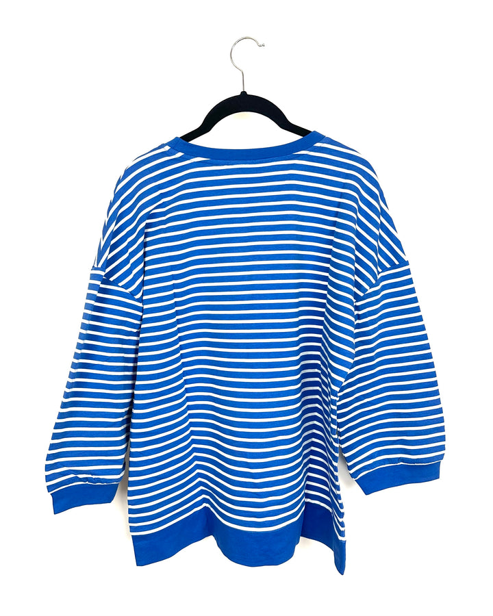 Blue and White Striped Balloon Cropped Sleeve Top - Size 6/8