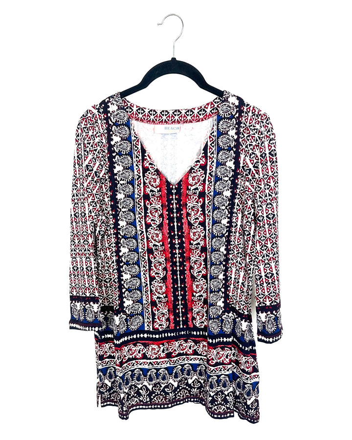 Dark Red & Blue Abstract Quarter Length Sleeve Top - Size 6/8