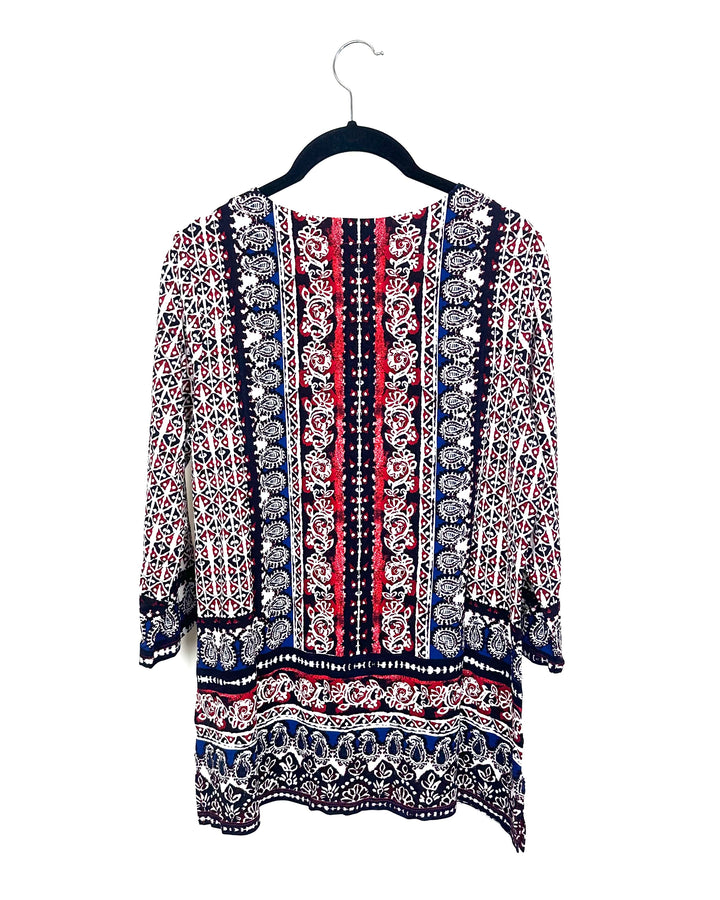 Dark Red & Blue Abstract Quarter Length Sleeve Top - Size 6/8