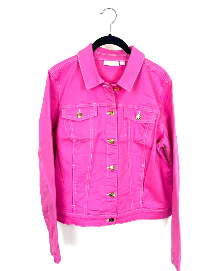 Pink Denim Jacket With White Stitching - Size 4/6