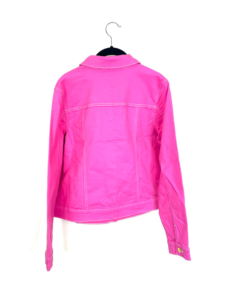 Pink Denim Jacket With White Stitching - Size 4/6