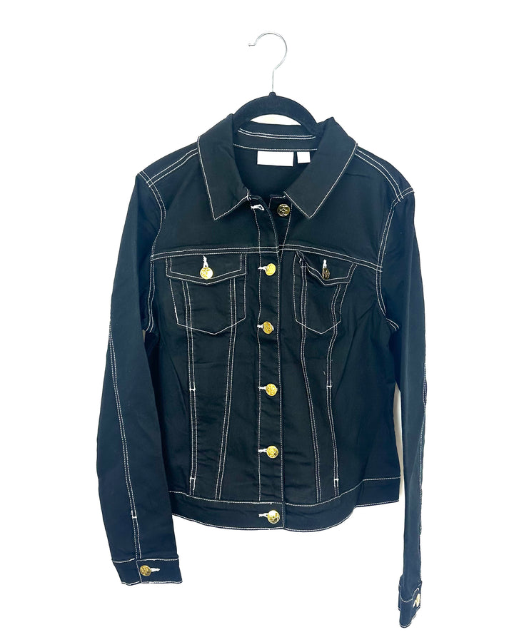 Black Denim Jacket With White Stitching - Size 4/6