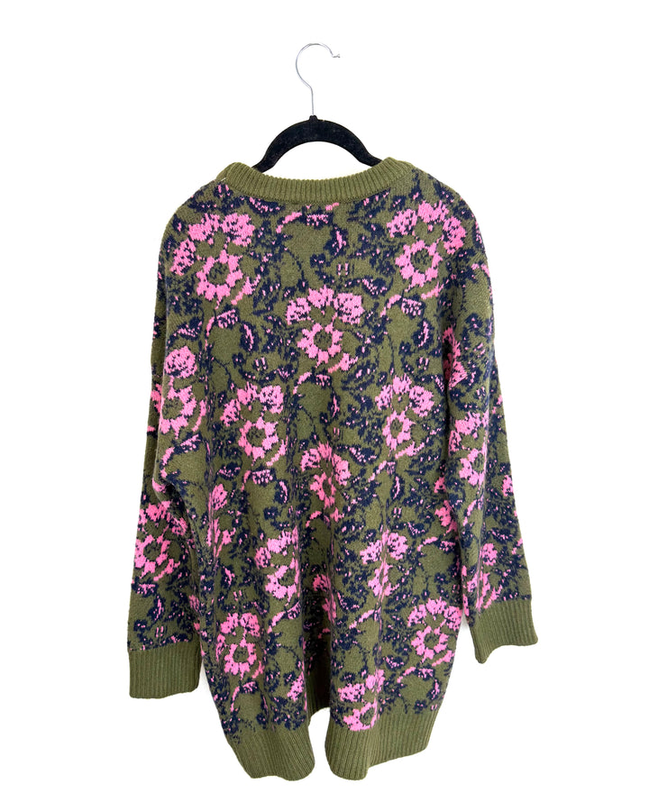 Dark Green Printed Sweater - Size 12/14