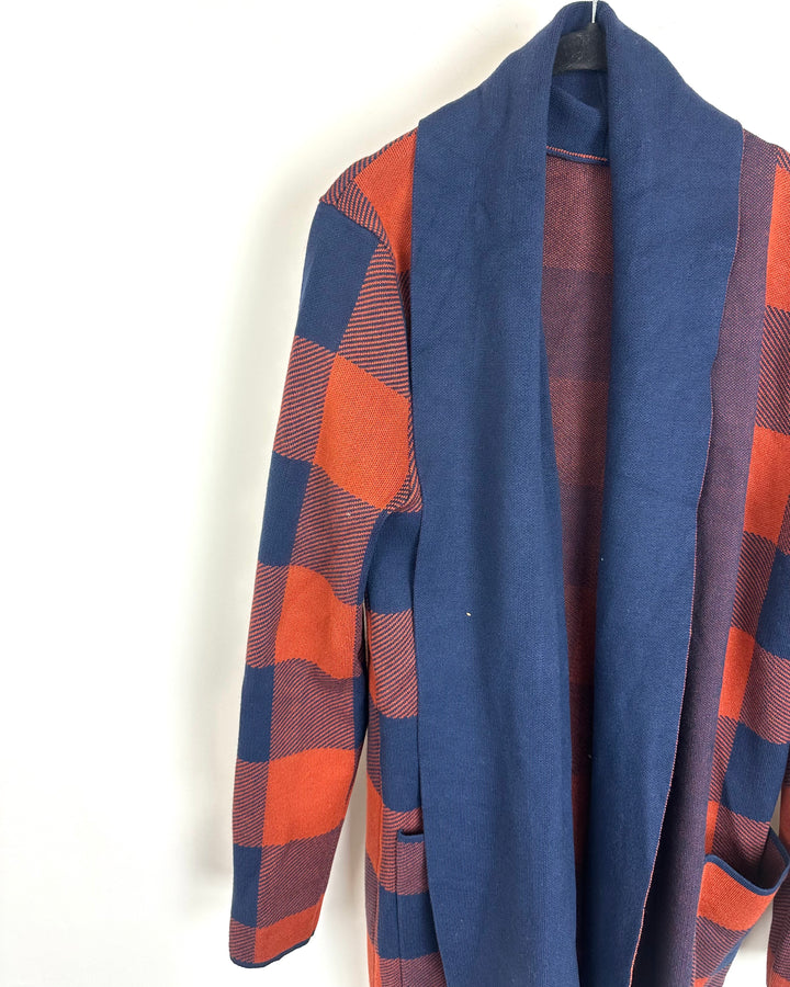 Navy Orange Plaid Open Cardigan - Size 6/8
