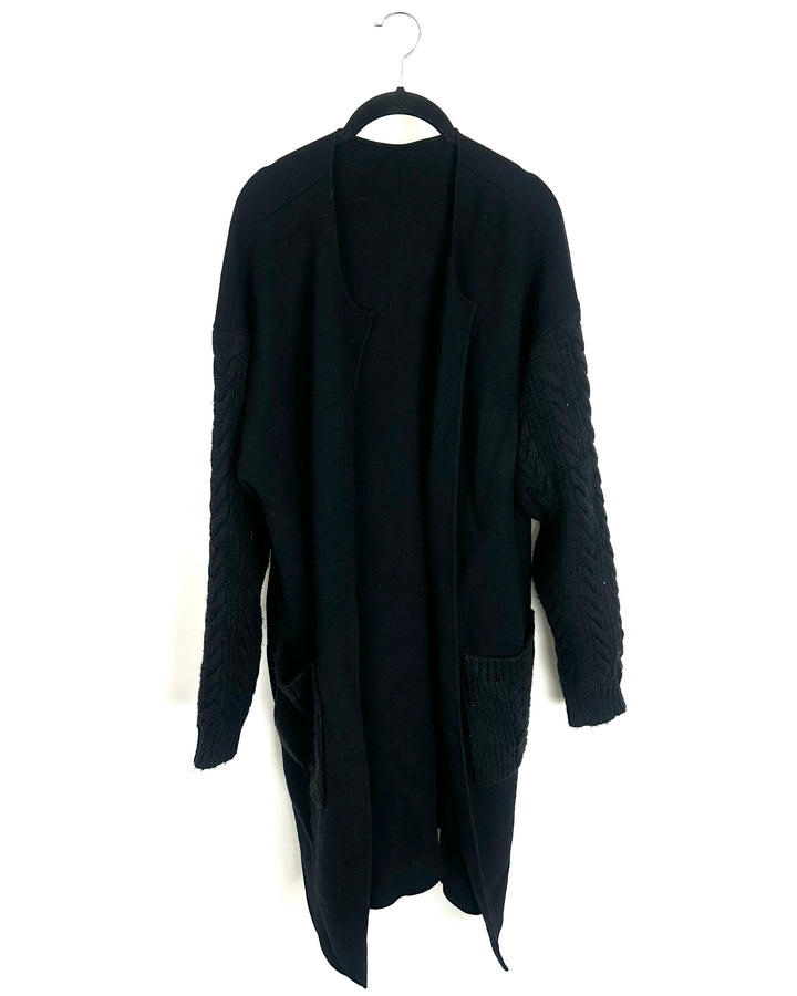 Black Open Cardigan With Cable Knit Sleeves - Size 8/10