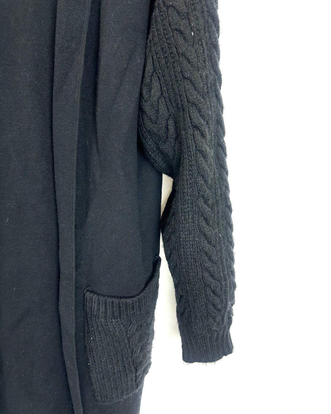 Black Open Cardigan With Cable Knit Sleeves - Size 8/10
