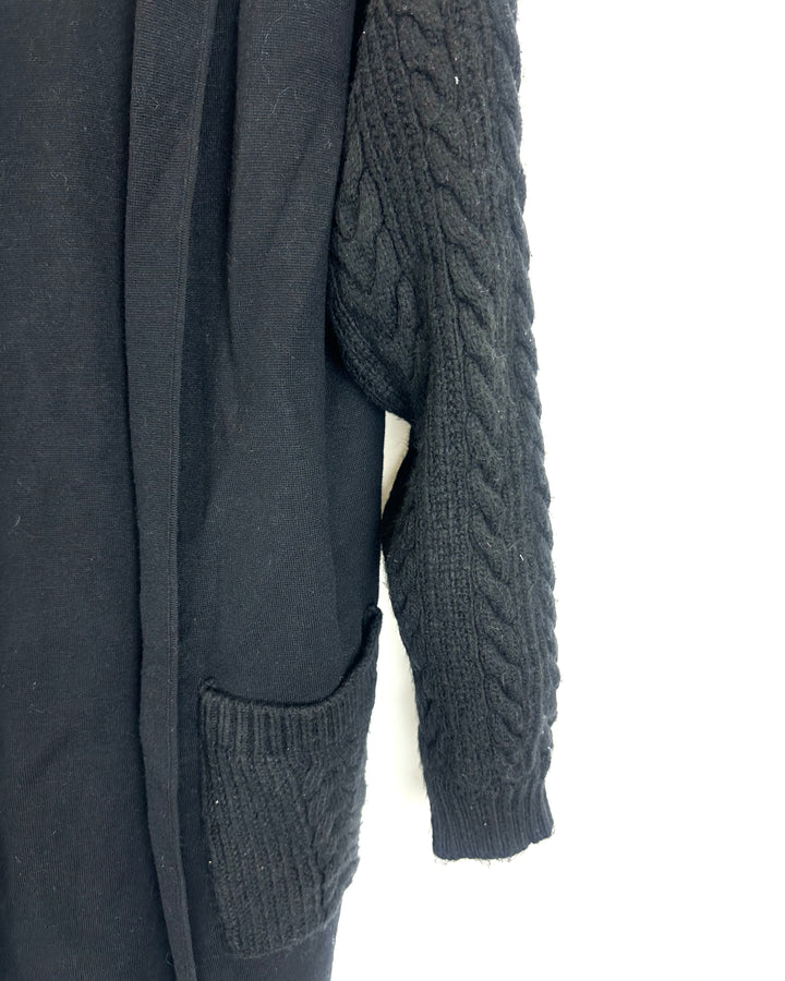 Black Open Cardigan With Cable Knit Sleeves - Size 8/10