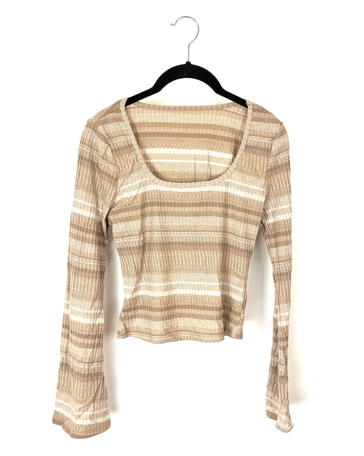 Long Sleeve Beige and White Striped Top - Size 0/2