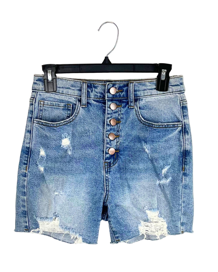 Distressed Medium Wash Denim Shorts - Size 0/2