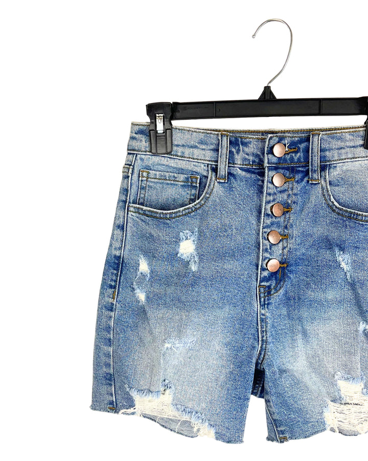 Distressed Medium Wash Denim Shorts - Size 0/2