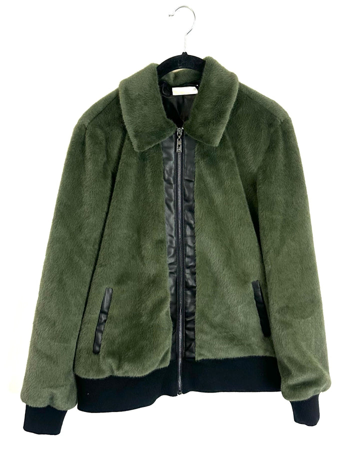 Green and Black Faux Fur Jacket - Size 6/8