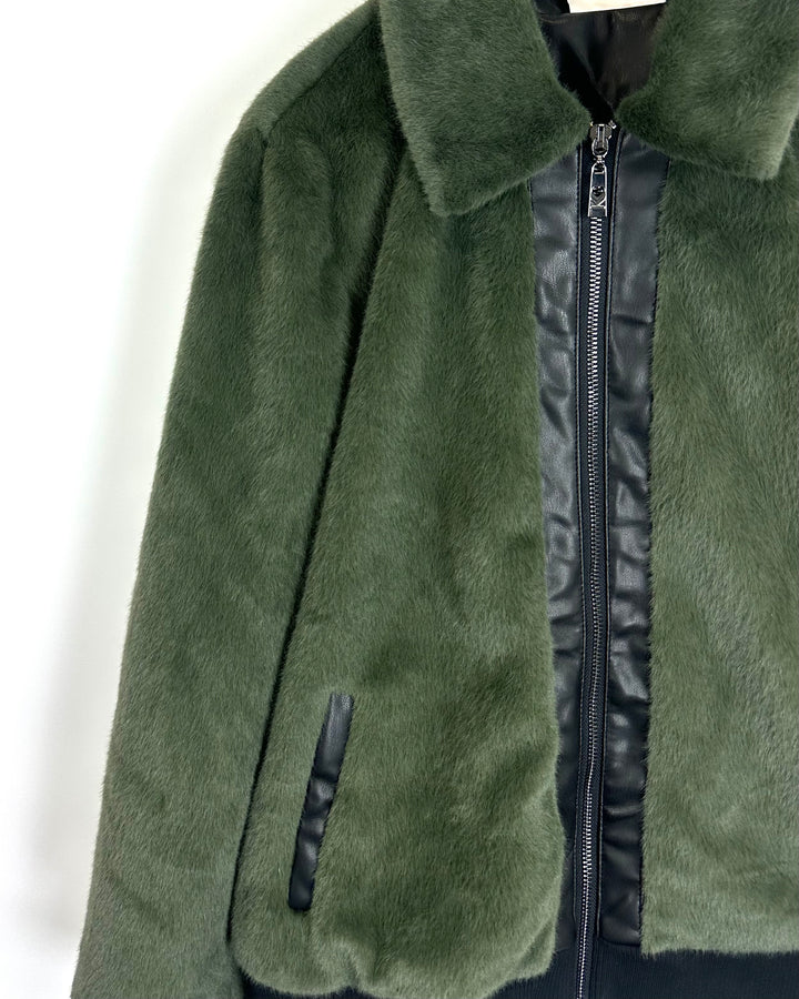 Green and Black Faux Fur Jacket - Size 6/8