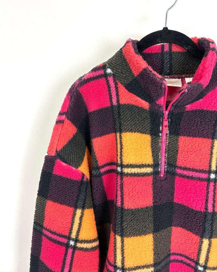 Pink and Orange Plaid Sherpa Quarter Zip - Size 6/8