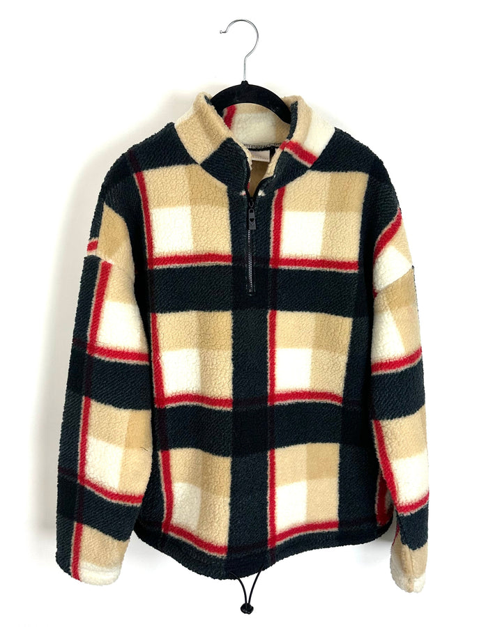 Cream, Red and Black Plaid Quarter Zip Sherpa - Size 6/8
