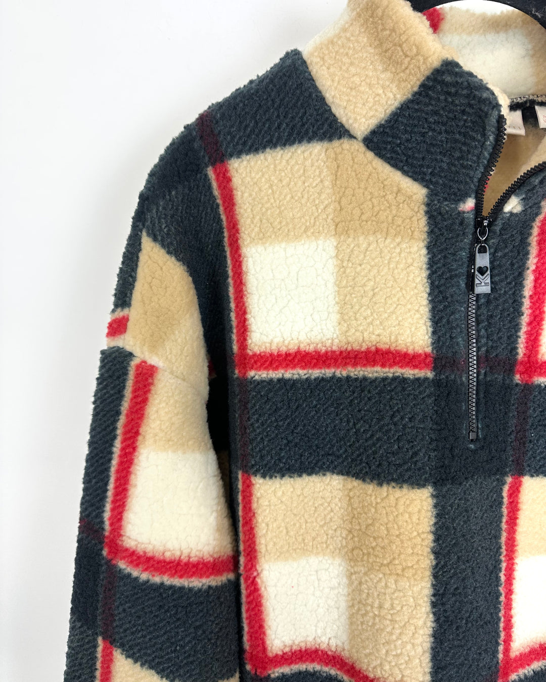 Cream, Red and Black Plaid Quarter Zip Sherpa - Size 6/8